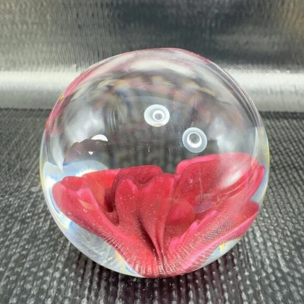 1995 GES Glass Paperweight Red Rose Flower Faceted Signed Don Juan Vintage Decor